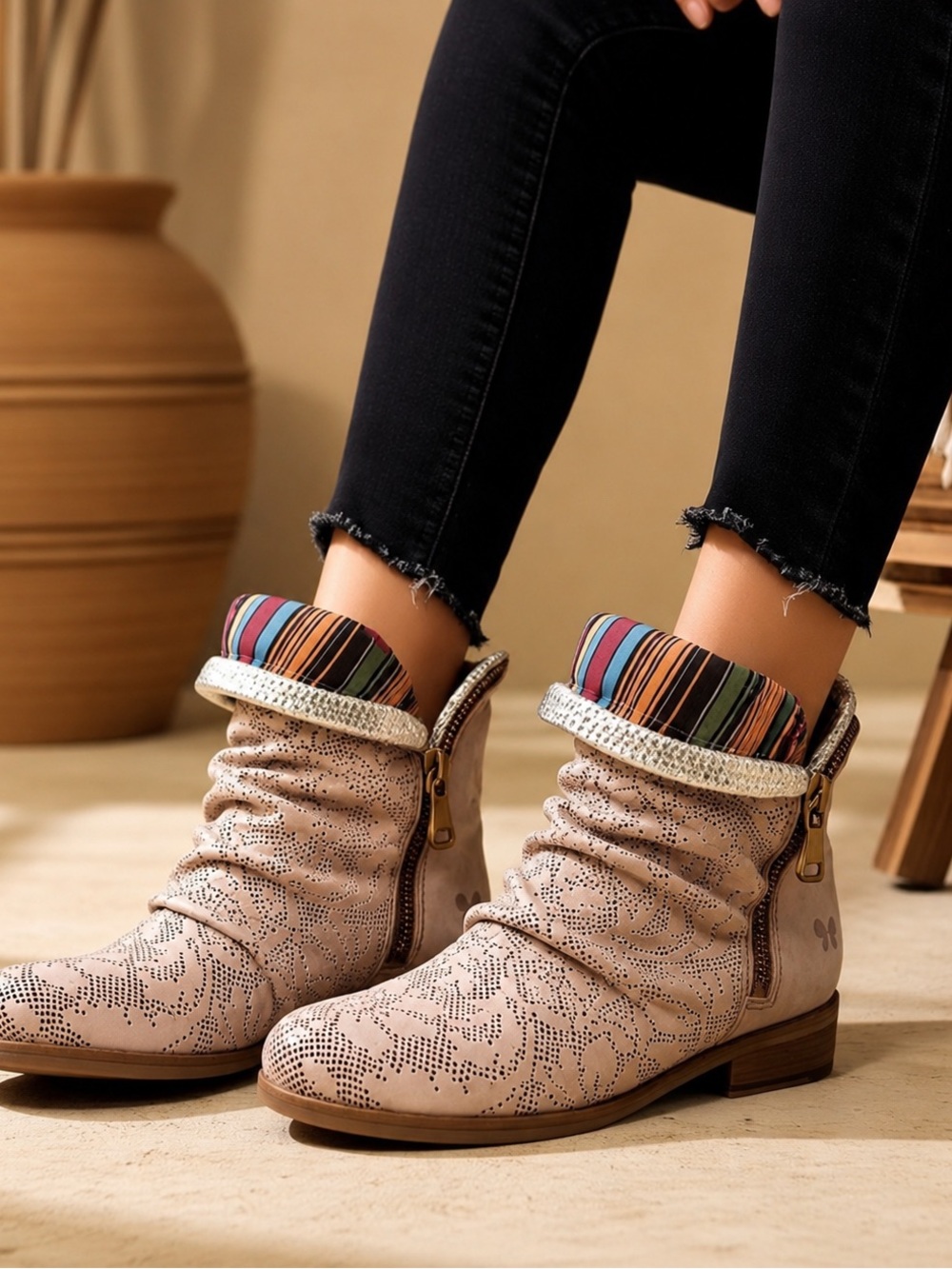 FELMINI Beige Perforated Genuine Leather Slouchy Ankle Boots Double Zipper Boho